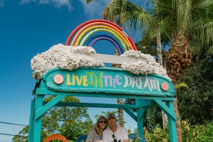 a person sitting on a bench in front of a palm tree