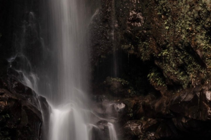 a group of people standing next to a waterfall