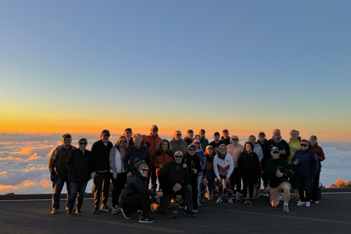 a group of people riding skis on a snowy road