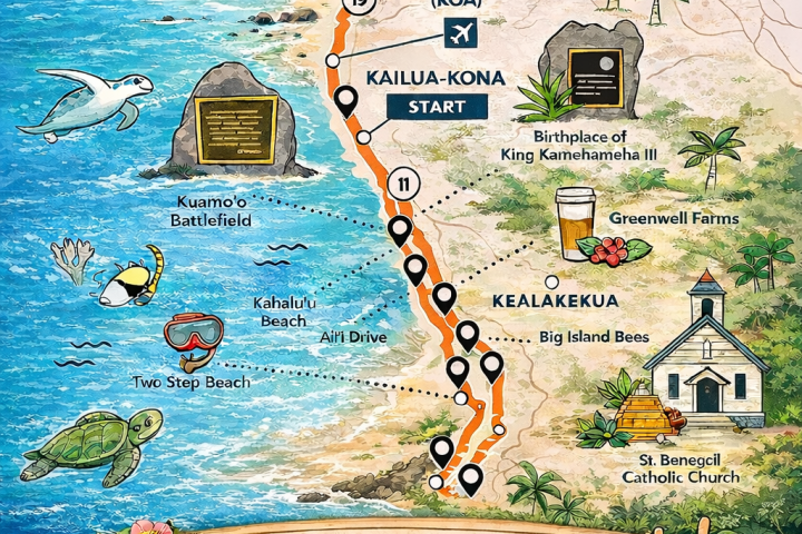 Illustrated map of Kona Coast tour in Hawaii with landmarks and routes.