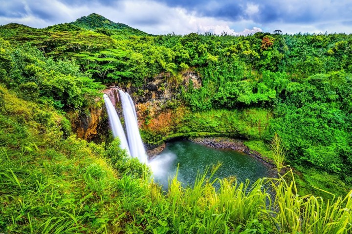 Lush green landscape with a waterfall flowing into a circular pool.