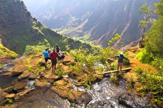 People standing on a rocky ledge overlooking a lush, deep canyon with flowing water.