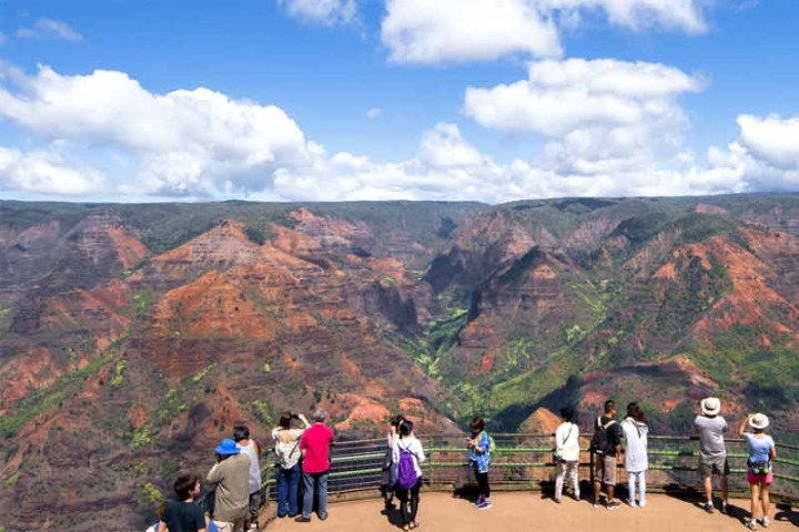 Tourists viewing a vast canyon landscape with red rock formations under blue sky.